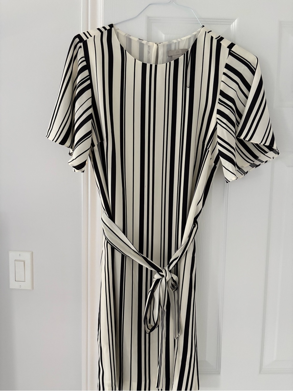 H&M Black and White Vertical Stripe Midi Dress with Tie Waist